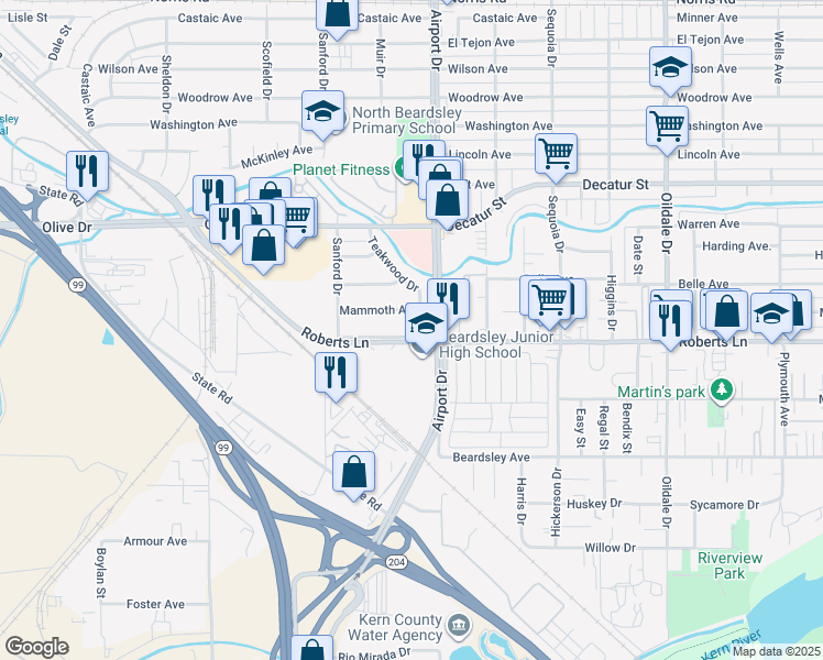 map of restaurants, bars, coffee shops, grocery stores, and more near 904 Roberts Lane in Bakersfield