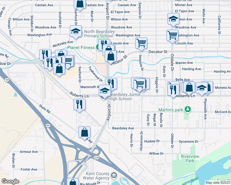 map of restaurants, bars, coffee shops, grocery stores, and more near in Oildale