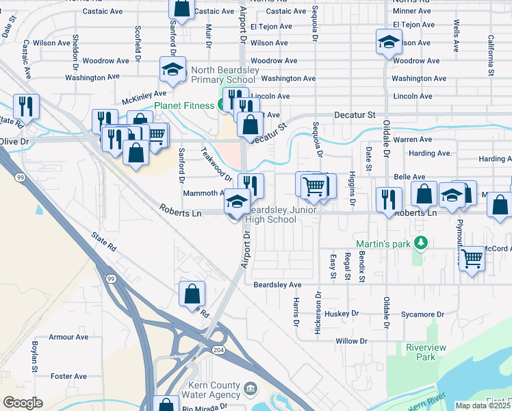 map of restaurants, bars, coffee shops, grocery stores, and more near in Oildale