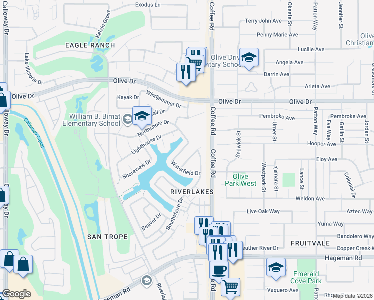 map of restaurants, bars, coffee shops, grocery stores, and more near 5331 Windriver Drive in Bakersfield