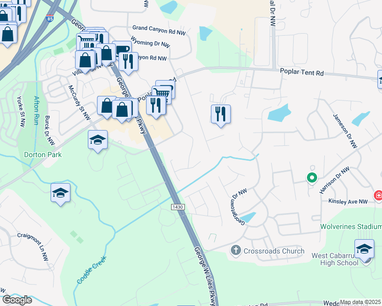 map of restaurants, bars, coffee shops, grocery stores, and more near 353 Cobblestone Lane Northwest in Concord