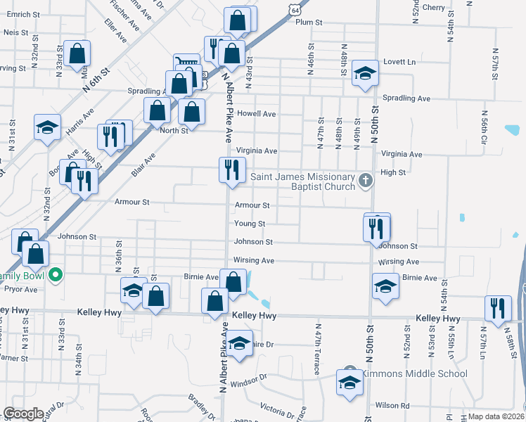 map of restaurants, bars, coffee shops, grocery stores, and more near 4300 Armour Street in Fort Smith
