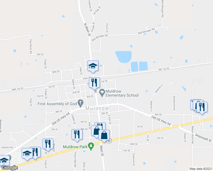 map of restaurants, bars, coffee shops, grocery stores, and more near 111 South Ash Street in Muldrow