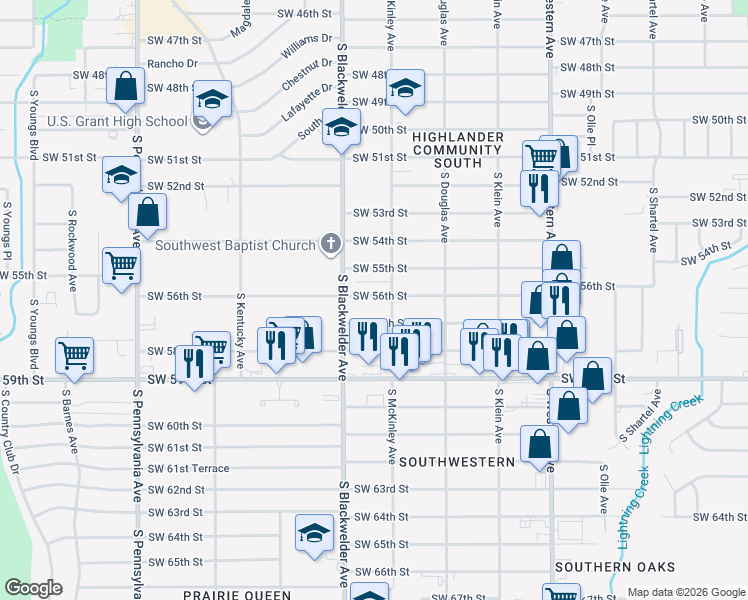 map of restaurants, bars, coffee shops, grocery stores, and more near 1208 Southwest 56th Street in Oklahoma City