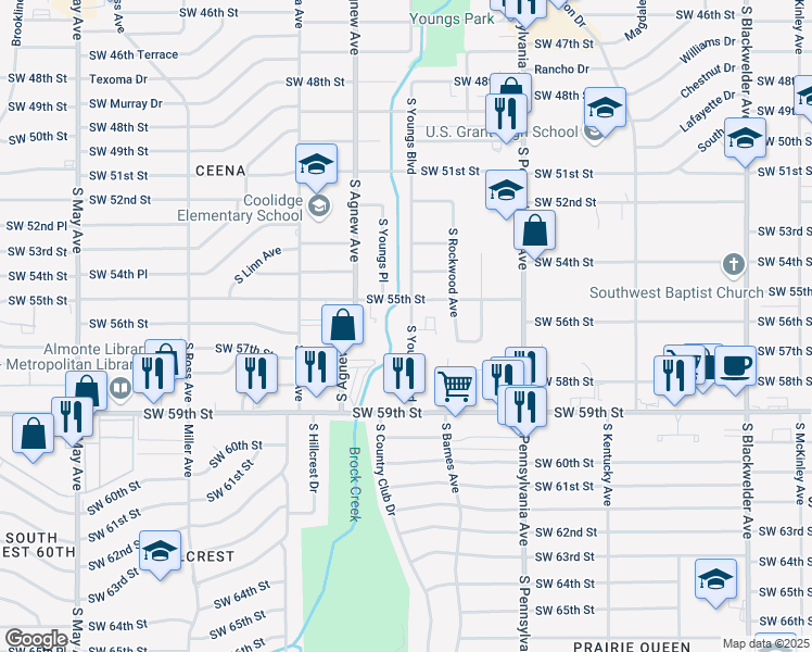 map of restaurants, bars, coffee shops, grocery stores, and more near 5629 South Youngs Boulevard in Oklahoma City