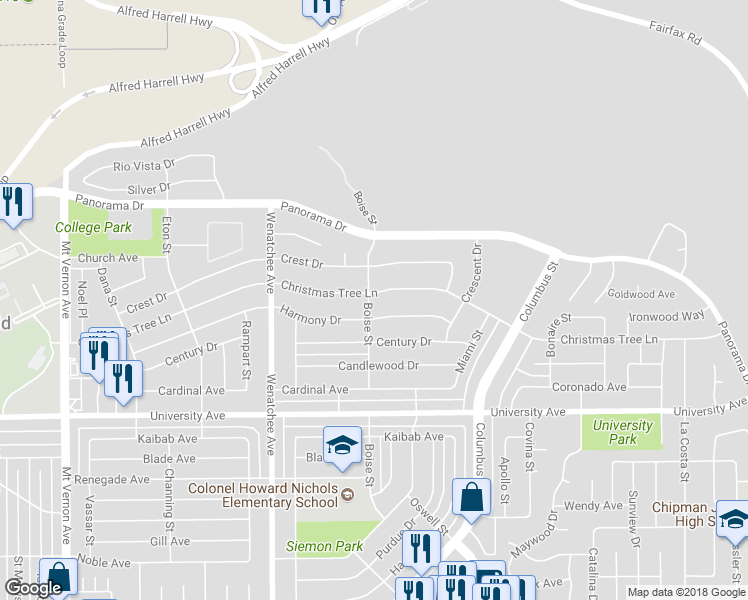 map of restaurants, bars, coffee shops, grocery stores, and more near 3501 Christmas Tree Lane in Bakersfield
