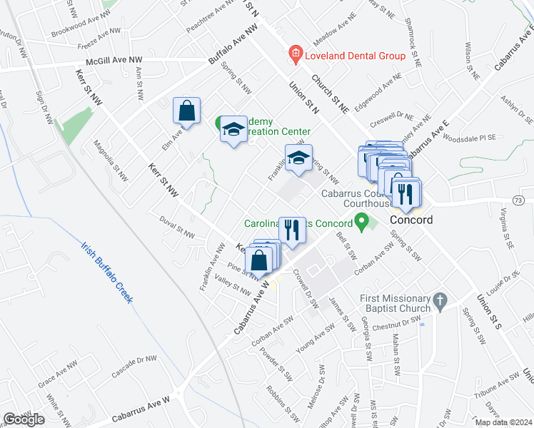 map of restaurants, bars, coffee shops, grocery stores, and more near 121 Willow Lane Northwest in Concord