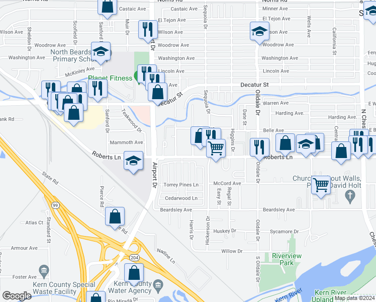 map of restaurants, bars, coffee shops, grocery stores, and more near 315 Covey Avenue in Bakersfield