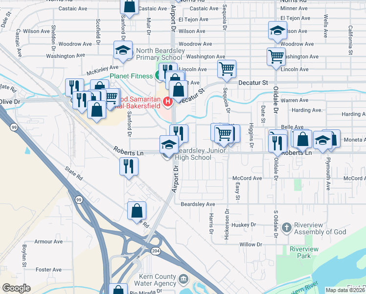map of restaurants, bars, coffee shops, grocery stores, and more near in Oildale