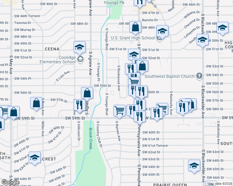 map of restaurants, bars, coffee shops, grocery stores, and more near 5617 South Rockwood Avenue in Oklahoma City