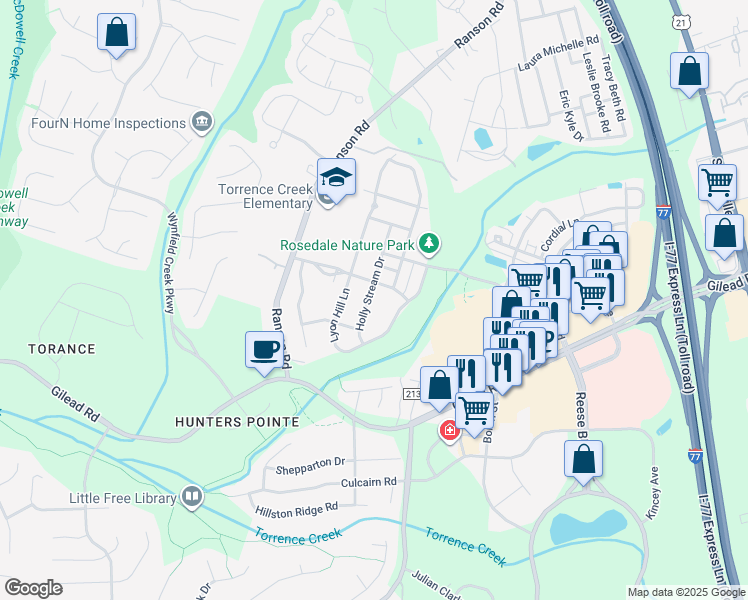 map of restaurants, bars, coffee shops, grocery stores, and more near 13812 Holly Stream Drive in Huntersville