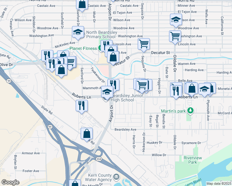 map of restaurants, bars, coffee shops, grocery stores, and more near 824 Roberts Lane in Bakersfield