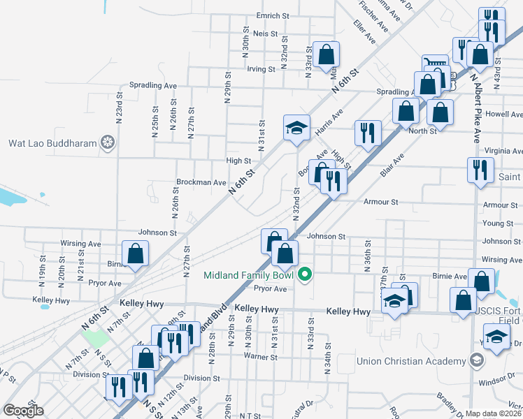 map of restaurants, bars, coffee shops, grocery stores, and more near 3107 Harris Street in Fort Smith