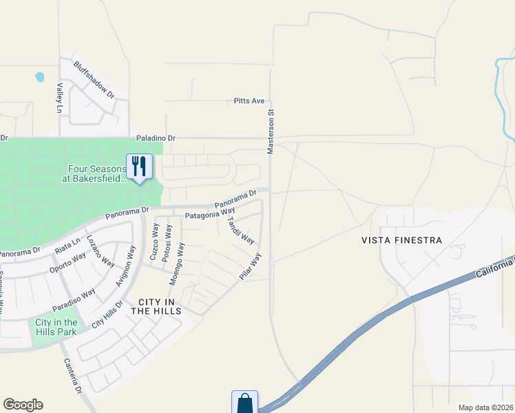 map of restaurants, bars, coffee shops, grocery stores, and more near 6110 Pilar Way in Bakersfield