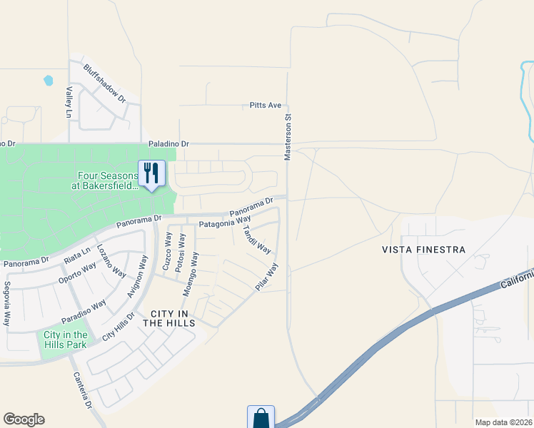 map of restaurants, bars, coffee shops, grocery stores, and more near 11201 Patagonia Way in Bakersfield