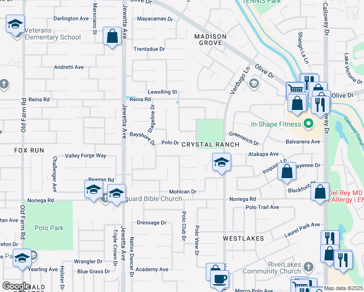 map of restaurants, bars, coffee shops, grocery stores, and more near 10807 Polo Drive in Bakersfield