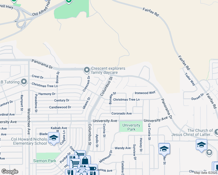 map of restaurants, bars, coffee shops, grocery stores, and more near 4721 Columbus Street in Bakersfield