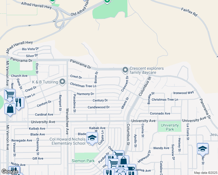 map of restaurants, bars, coffee shops, grocery stores, and more near 3605 Christmas Tree Lane in Bakersfield