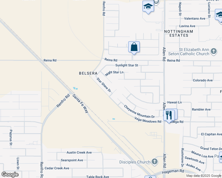 map of restaurants, bars, coffee shops, grocery stores, and more near 5415 Sun Down Way in Bakersfield