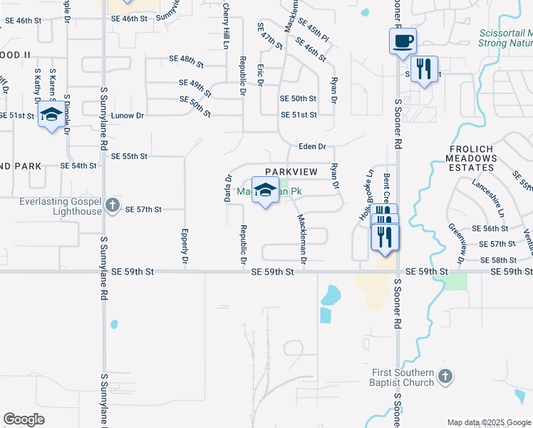 map of restaurants, bars, coffee shops, grocery stores, and more near 5601-5699 Mackleman Drive in Oklahoma City