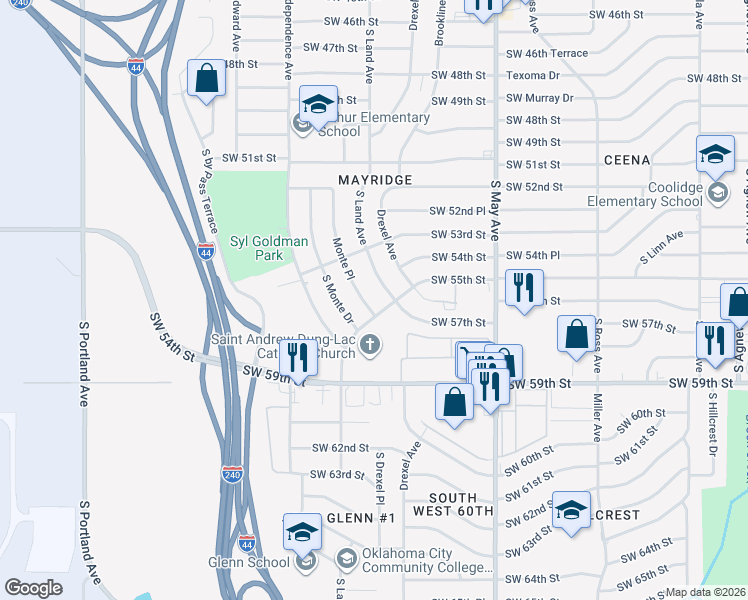 map of restaurants, bars, coffee shops, grocery stores, and more near 5520 Monte Place in Oklahoma City