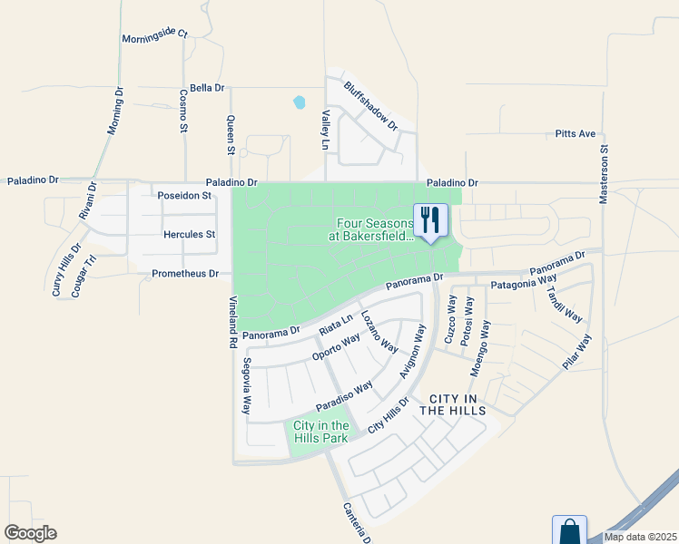 map of restaurants, bars, coffee shops, grocery stores, and more near 10108 Toscana Drive in Bakersfield