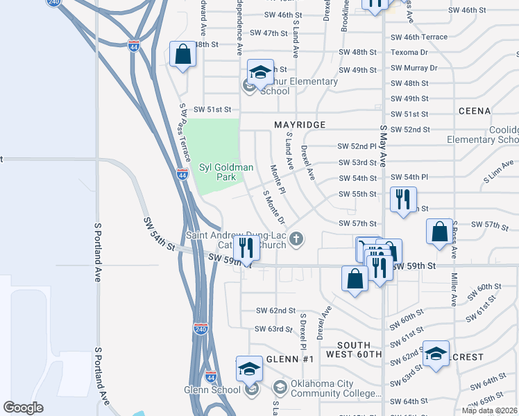 map of restaurants, bars, coffee shops, grocery stores, and more near 5420 South Independence Avenue in Oklahoma City