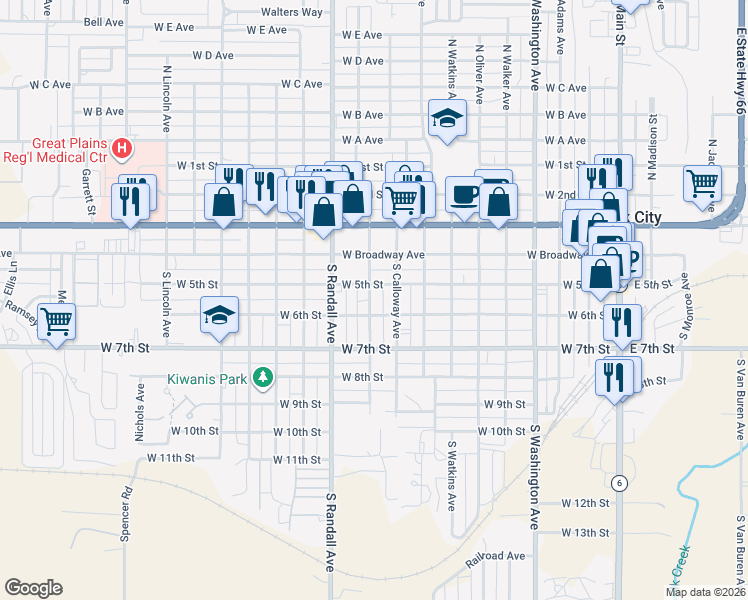 map of restaurants, bars, coffee shops, grocery stores, and more near 212 South Howard Avenue in Elk City