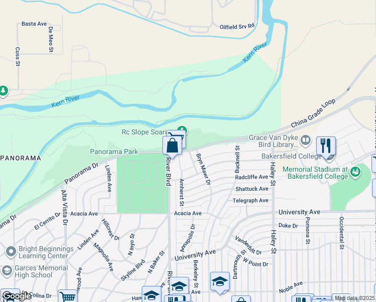 map of restaurants, bars, coffee shops, grocery stores, and more near 951 Panorama Drive in Bakersfield