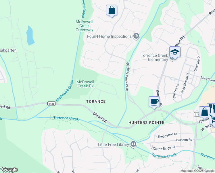 map of restaurants, bars, coffee shops, grocery stores, and more near in Huntersville