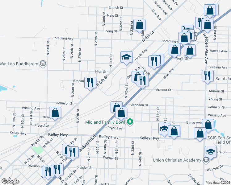 map of restaurants, bars, coffee shops, grocery stores, and more near 3107 Harris Street in Fort Smith