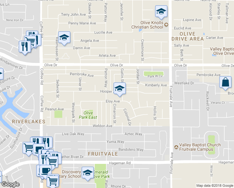 map of restaurants, bars, coffee shops, grocery stores, and more near 7141 Hooper Avenue in Bakersfield