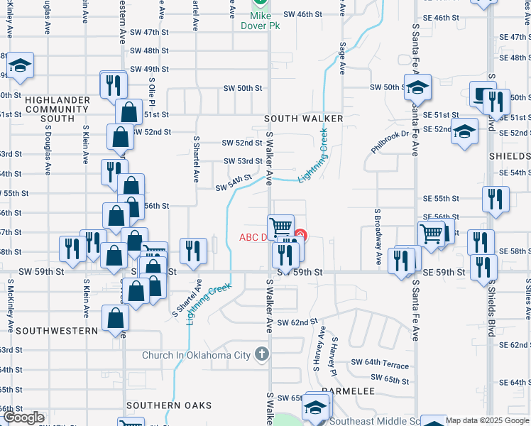 map of restaurants, bars, coffee shops, grocery stores, and more near 500 Southwest 55th Street in Oklahoma City