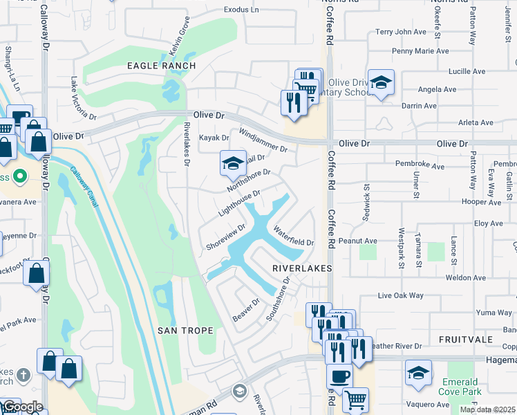 map of restaurants, bars, coffee shops, grocery stores, and more near 5411 Cove Ct in Bakersfield