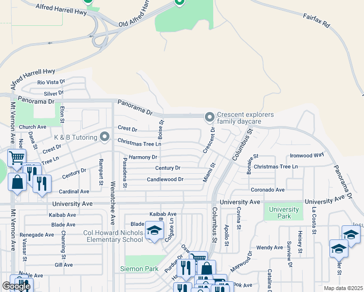 map of restaurants, bars, coffee shops, grocery stores, and more near 3605 Christmas Tree Lane in Bakersfield