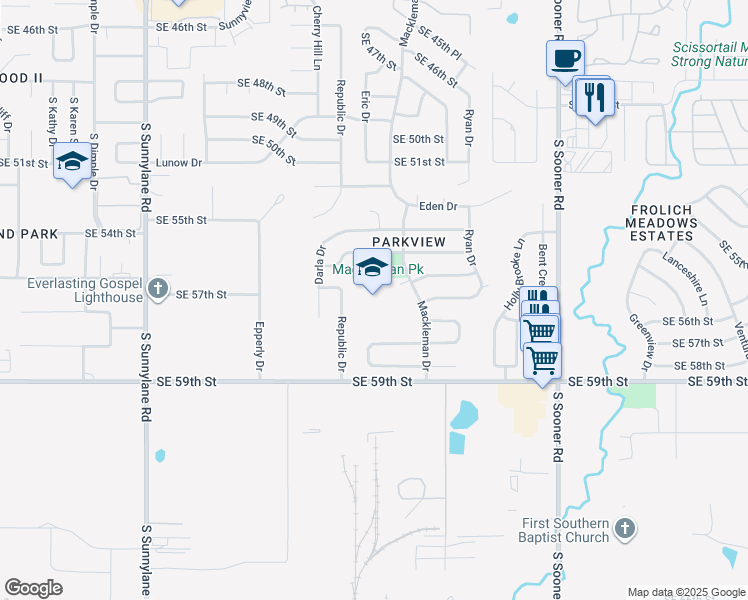 map of restaurants, bars, coffee shops, grocery stores, and more near 5701 Mackleman Drive in Oklahoma City