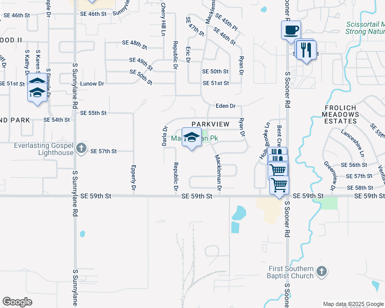map of restaurants, bars, coffee shops, grocery stores, and more near 5701 Mackleman Drive in Oklahoma City