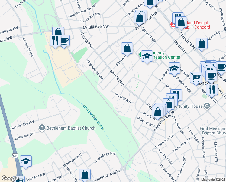 map of restaurants, bars, coffee shops, grocery stores, and more near 295 Academy Avenue Northwest in Concord