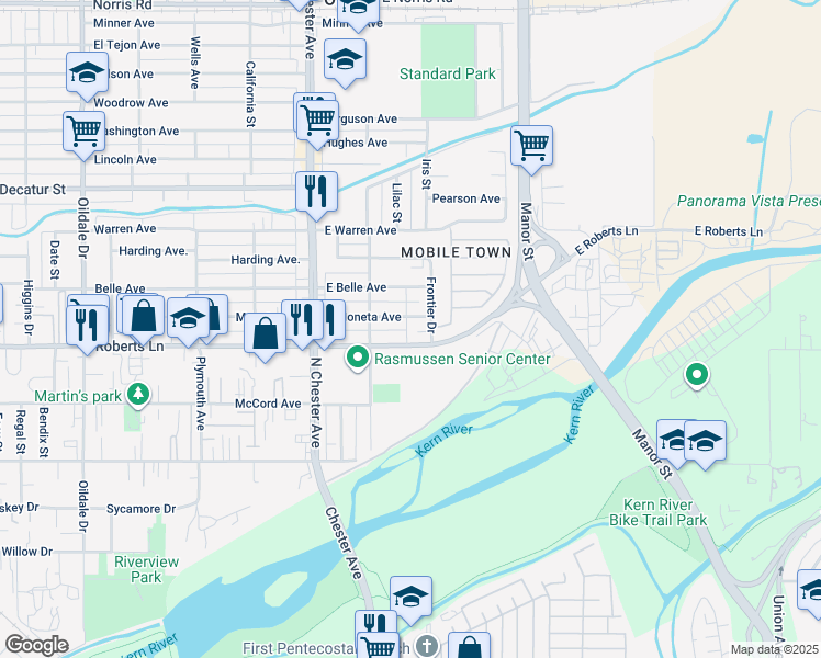map of restaurants, bars, coffee shops, grocery stores, and more near 2 East Moneta Avenue in Bakersfield