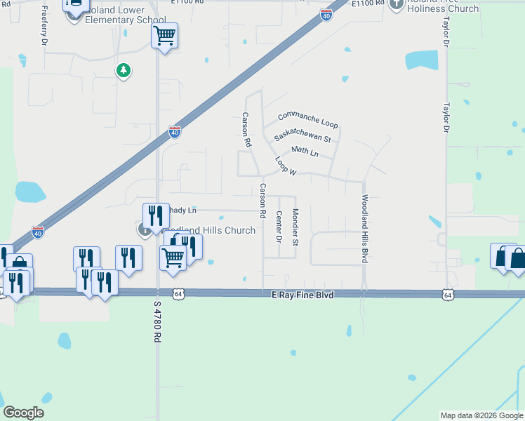 map of restaurants, bars, coffee shops, grocery stores, and more near 230 Shady Ln in Roland