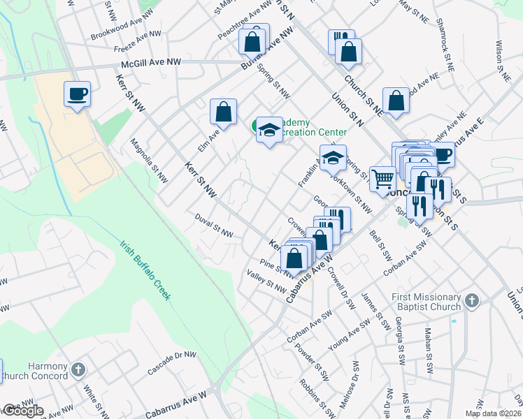 map of restaurants, bars, coffee shops, grocery stores, and more near 207 Cedar Drive Northwest in Concord