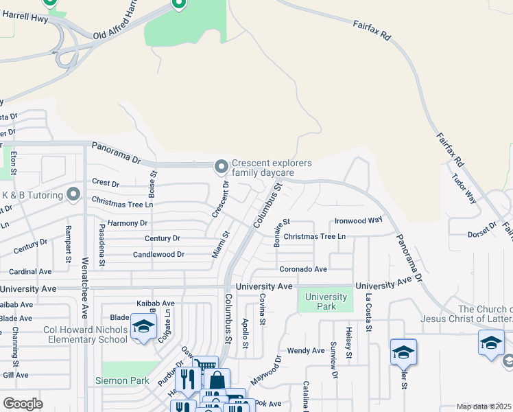 map of restaurants, bars, coffee shops, grocery stores, and more near 4648 Columbus Street in Bakersfield