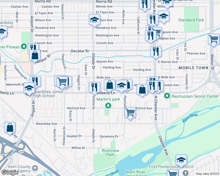 map of restaurants, bars, coffee shops, grocery stores, and more near 330 Roberts Lane in Bakersfield