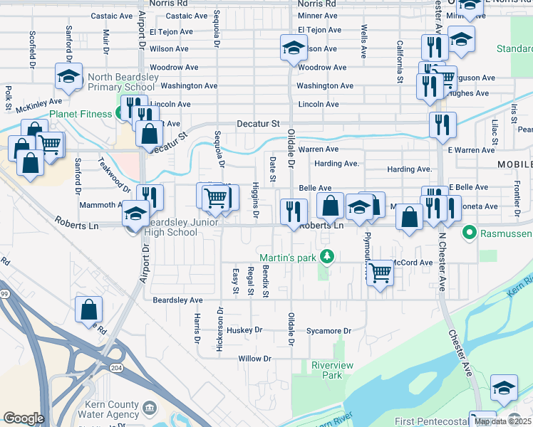 map of restaurants, bars, coffee shops, grocery stores, and more near 510 Roberts Lane in Bakersfield