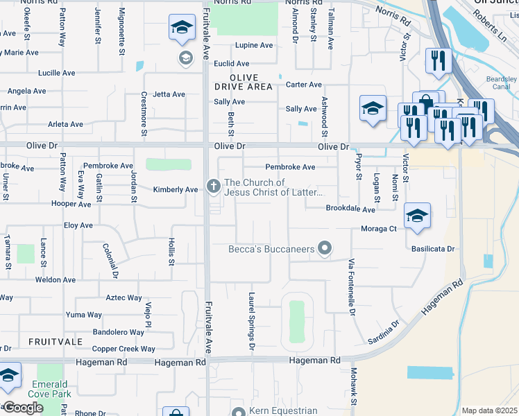 map of restaurants, bars, coffee shops, grocery stores, and more near 5408 Spring Canyon Court in Bakersfield