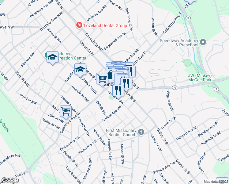 map of restaurants, bars, coffee shops, grocery stores, and more near 30 Market Street Southwest in Concord