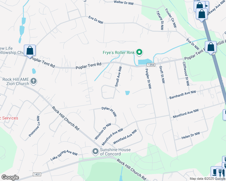 map of restaurants, bars, coffee shops, grocery stores, and more near 400 Small Avenue Northwest in Concord
