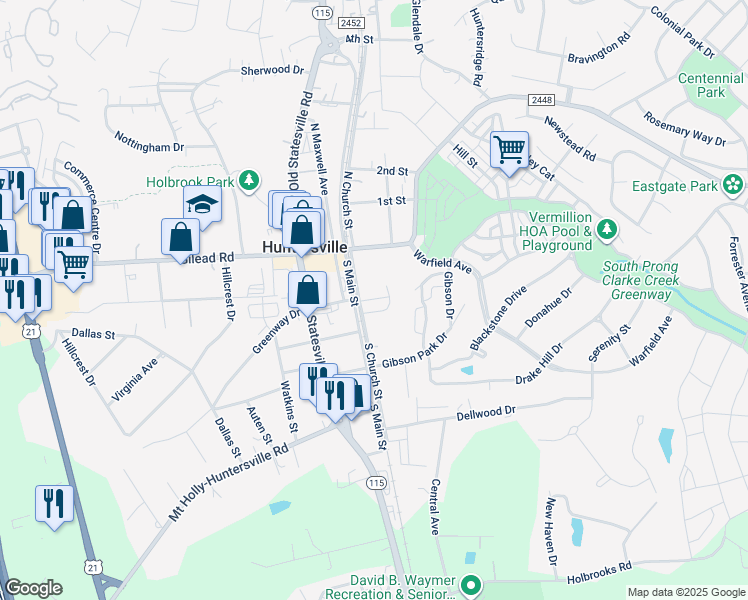 map of restaurants, bars, coffee shops, grocery stores, and more near 110 South Church Street in Huntersville