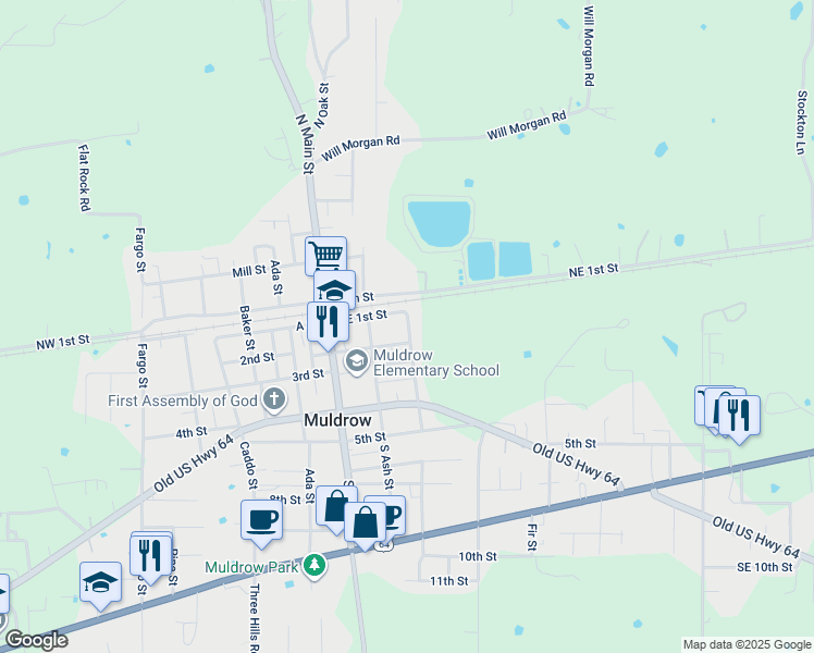 map of restaurants, bars, coffee shops, grocery stores, and more near 107 Birch Street in Muldrow