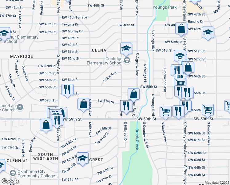 map of restaurants, bars, coffee shops, grocery stores, and more near 2501 Southwest 56th Street in Oklahoma City